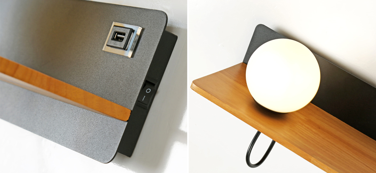 Бра с полкой Black GAVIN WOOD USB - фото