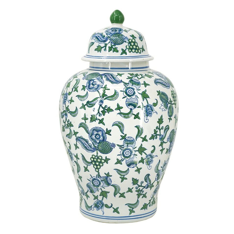 Ваза с крышкой и зелено-голубым цветочным узором на белом фоне Blue & White Ornament Белый Синий Ваза с крышкой и зелено-голубым цветочным узором на белом фоне Blue & White Ornament Белый Синий в Грозном | Loft Concept
