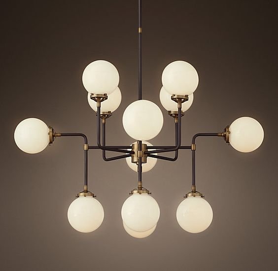 Люстра RH Bistro Globe Milk Glass 12-Light Chandelier Латунь Черный Белый в Грозном | Loft Concept 