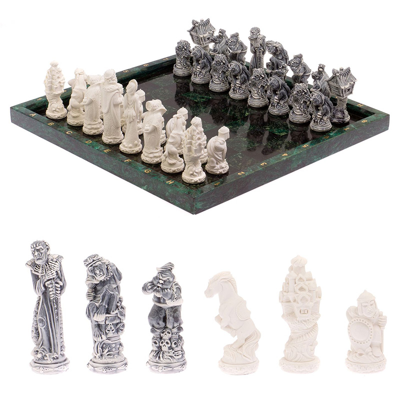 Шахматы Русские сказки с доской из натурального камня Змеевик Decorative Thematic Chess Зеленый Черный Серый Белый Шахматы Русские сказки с доской из натурального камня Змеевик Decorative Thematic Chess Зеленый Черный Серый Белый в Грозном | Loft Concept