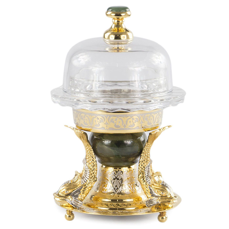 Икорница с декором "Три рыбки" с гравировкой и натуральным камнем Нефрит Decorative Cavair Dishes Золотой Никель Античный зеленый Икорница с декором "Три рыбки" с гравировкой и натуральным камнем Нефрит Decorative Cavair Dishes Золотой Никель Античный зеленый в Грозном | Loft Concept