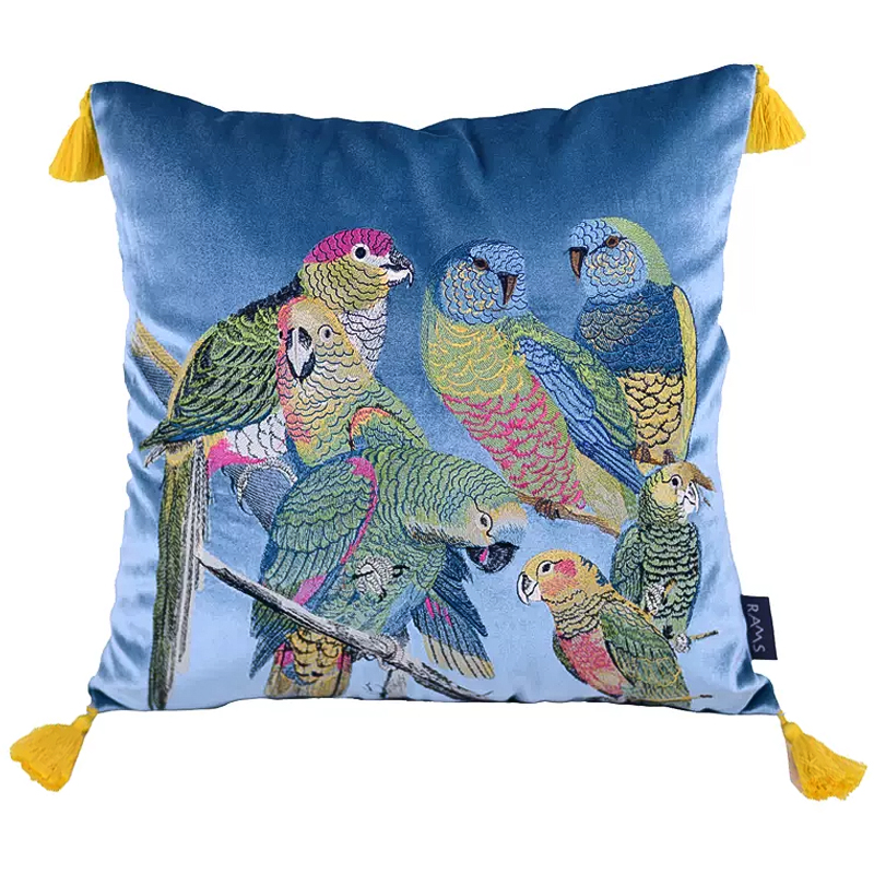 Декоративная подушка с вышивкой Embroidery Parrots Pillow Blue Голубой Мульти Декоративная подушка с вышивкой Embroidery Parrots Pillow Blue Голубой Мульти в Грозном | Loft Concept