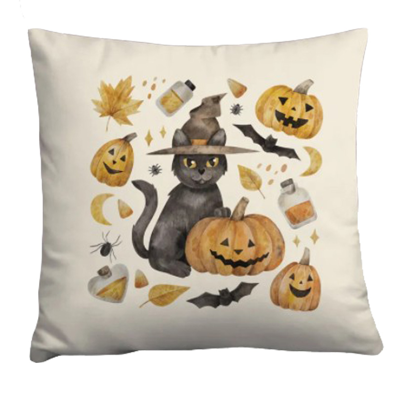 Подушка Halloween Pumpkin Cat Белый Оранжевый Серый в Грозном | Loft Concept 