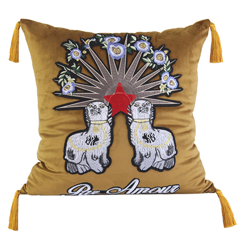 Декоративная подушка с вышивкой Стиль Gucci Two Dogs Cushion Горчичный Золотой Мульти Декоративная подушка с вышивкой Стиль Gucci Two Dogs Cushion Горчичный Золотой Мульти в Грозном | Loft Concept