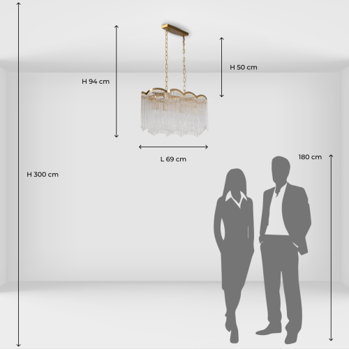 Люстра прямоугольная на цепях с прозрачными трубками и волнистым краем Nembus в Грозном