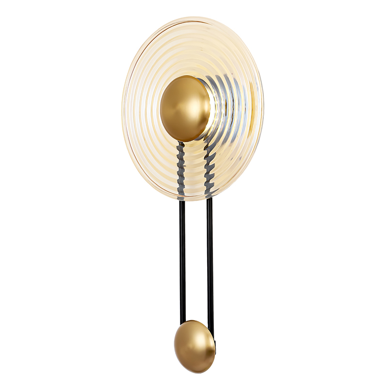 Бра с круглым рифленым плафоном янтарного цвета Savio Glass Disc Light Латунь Черный Янтарный Бра с круглым рифленым плафоном янтарного цвета Savio Glass Disc Light Латунь Черный Янтарный в Грозном | Loft Concept