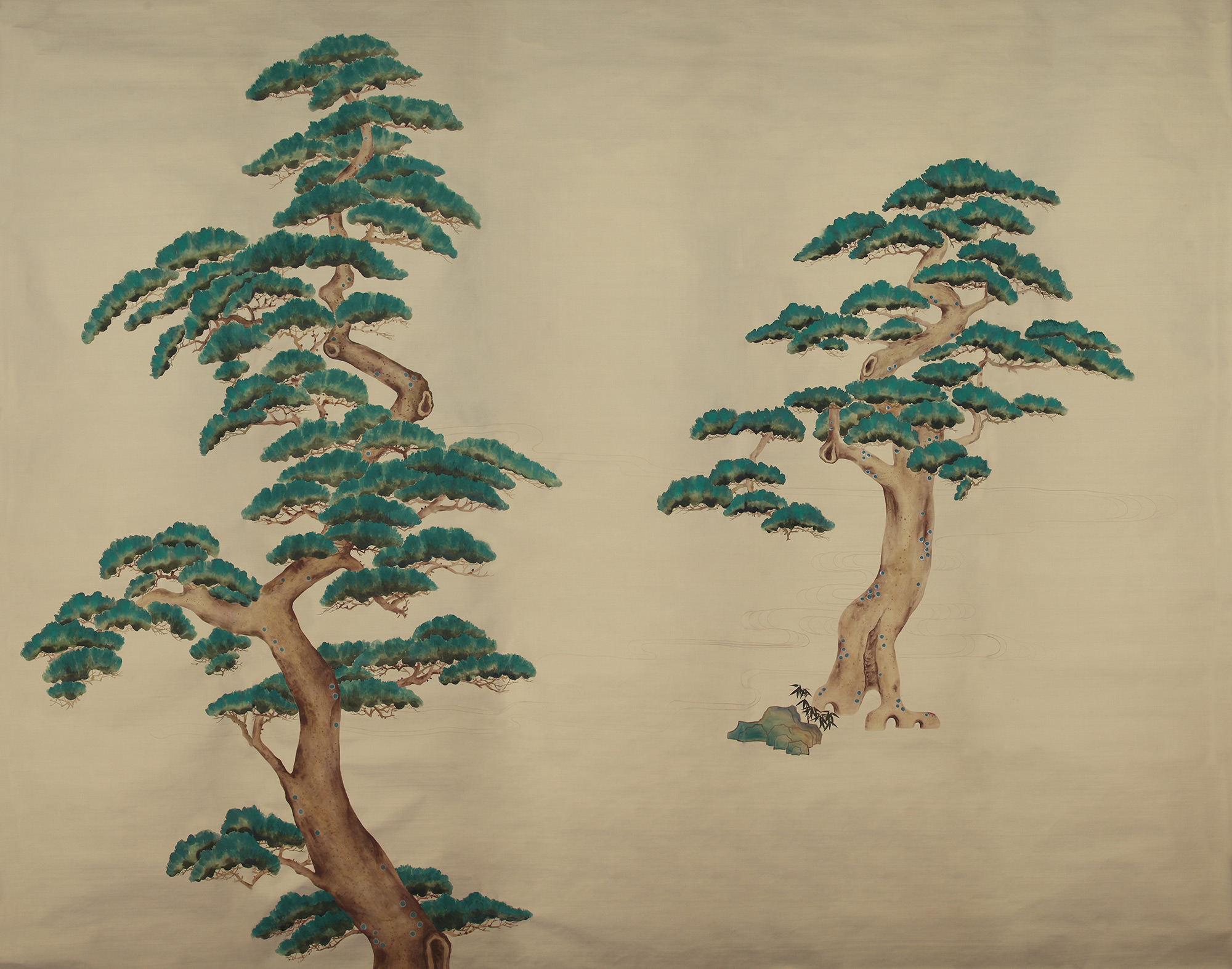 Обои ручная роспись Pine Trees Original colourway on New Faint Gold metallic silk Обои ручная роспись Pine Trees Original colourway on New Faint Gold metallic silk - постер Loft-Concept в Грозном