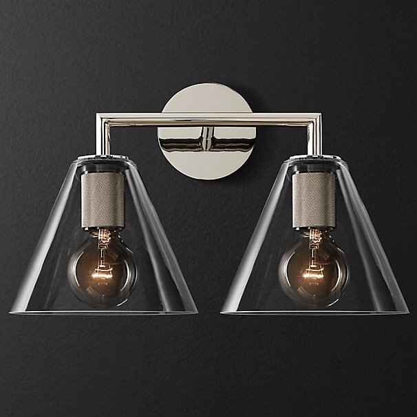 Бра RH Utilitaire Funnel Shade Double Sconce Silver Прозрачное Стекло Никель Бра RH Utilitaire Funnel Shade Double Sconce Silver Прозрачное Стекло Никель в Грозном | Loft Concept