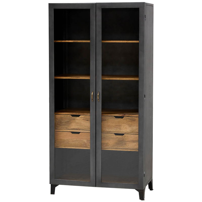 Шкаф металлический в стиле лофт с деревянными ящиками Russell Cabinet Графитовый Древесина Латунь Шкаф металлический в стиле лофт с деревянными ящиками Russell Cabinet Графитовый Древесина Латунь в Грозном | Loft Concept