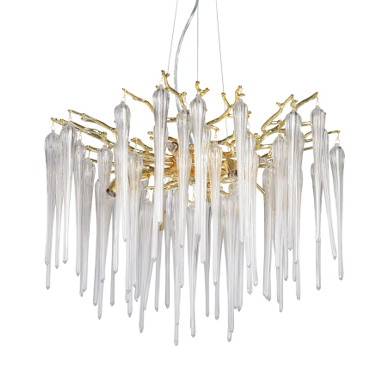 Люстра золотого цвета с декоративными ветками и длинными прозрачными стеклянными подвесами в форме сосулек Droplet Chandelier Золотой Прозрачный в Грозном | Loft Concept 