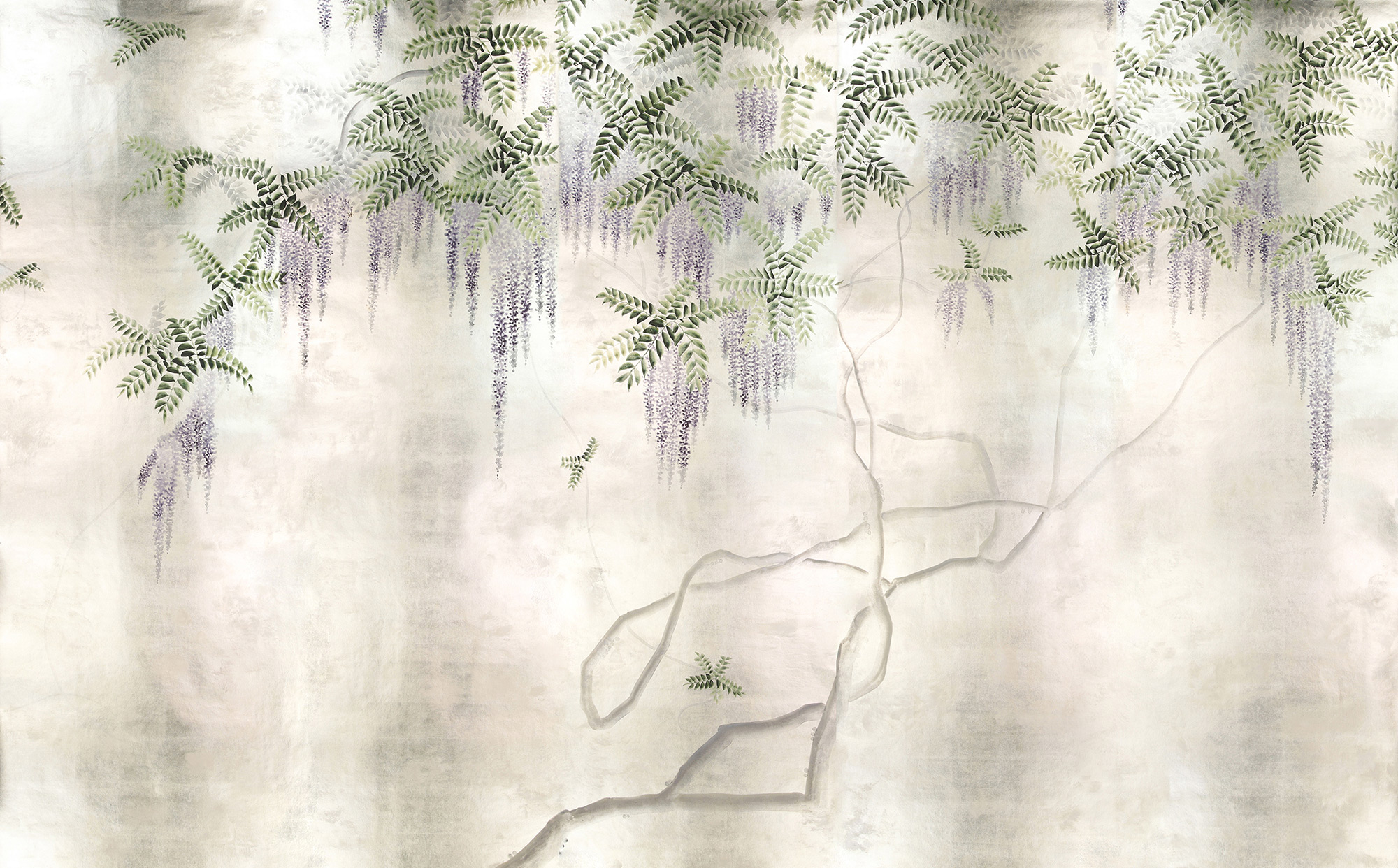 Обои в японском стиле Wisteria Lavender on White Metal gilded paper with pearlescent antiquing - постер Loft-Concept в Грозном