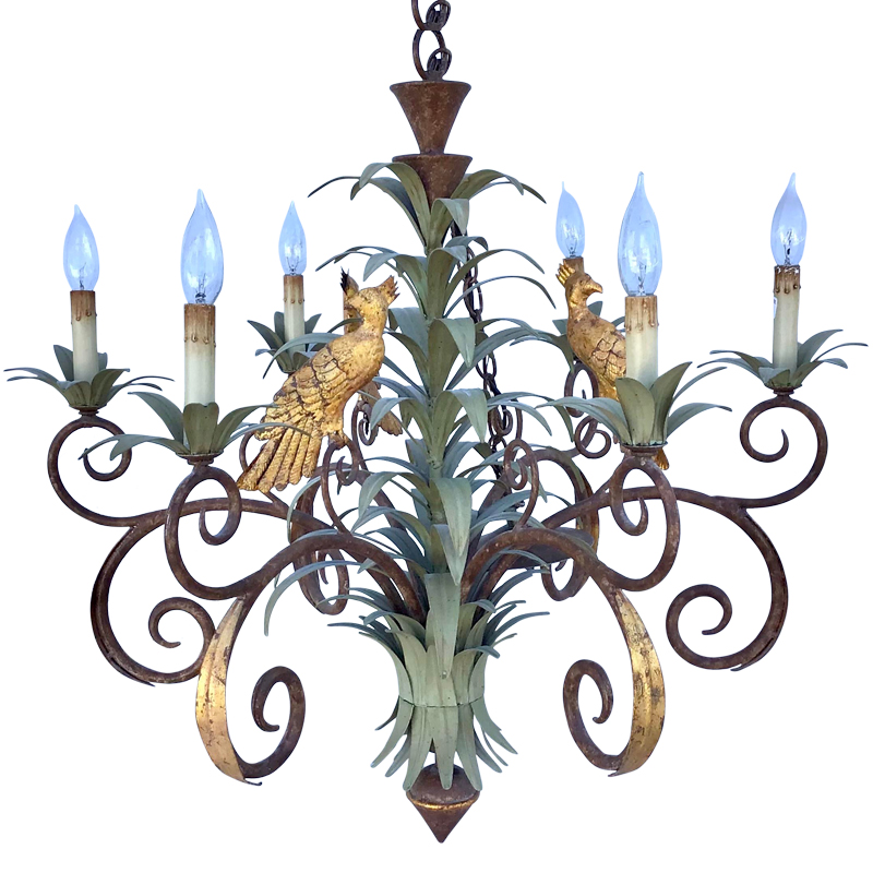 Люстра Дизайнерская Пальма с Попугаями Large Palm Leaf and Parrot Tole Chandelier Винтажное Темное Золото Зеленый Люстра Дизайнерская Пальма с Попугаями Large Palm Leaf and Parrot Tole Chandelier Винтажное Темное Золото Зеленый в Грозном | Loft Concept