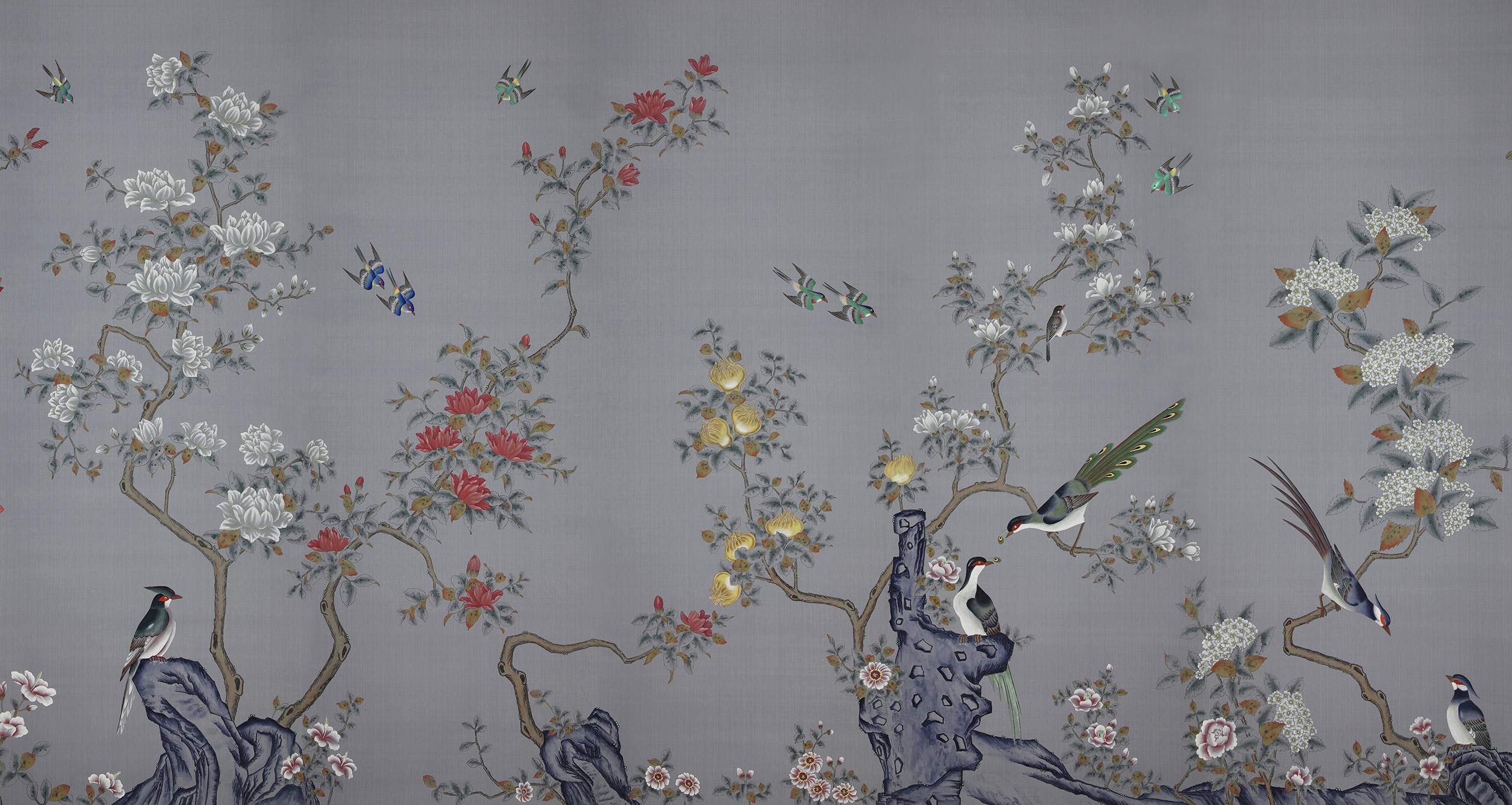 Обои ручная роспись Japanese Garden Original colourway on Gun Metal dyed silk Обои ручная роспись Japanese Garden Original colourway on Gun Metal dyed silk - постер Loft-Concept в Грозном
