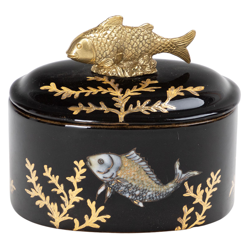 Шкатулка черная фарфоровая Золотая Рыбка Gold fish Черный Золотой в Грозном | Loft Concept 