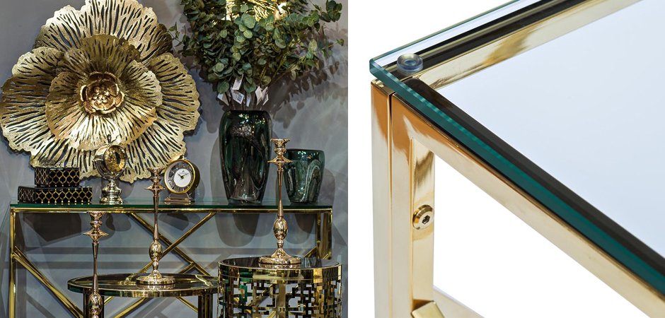 Консоль Serene Furnishing Gold Clear Glass Top Console Консоль Serene Furnishing Gold Clear Glass Top Console - Loft-Concept в Грозном