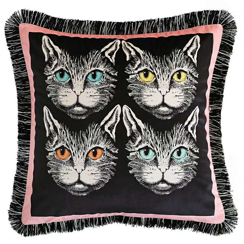 Декоративная подушка с вышивкой Cтиль Gucci Four Cats Черный Розовый Белый Декоративная подушка с вышивкой Cтиль Gucci Four Cats Черный Розовый Белый в Грозном | Loft Concept