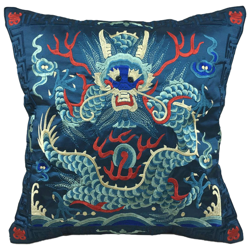 Декоративная подушка с вышивкой Chinese Dragon Blue Мульти Синий Декоративная подушка с вышивкой Chinese Dragon Blue Мульти Синий в Грозном | Loft Concept
