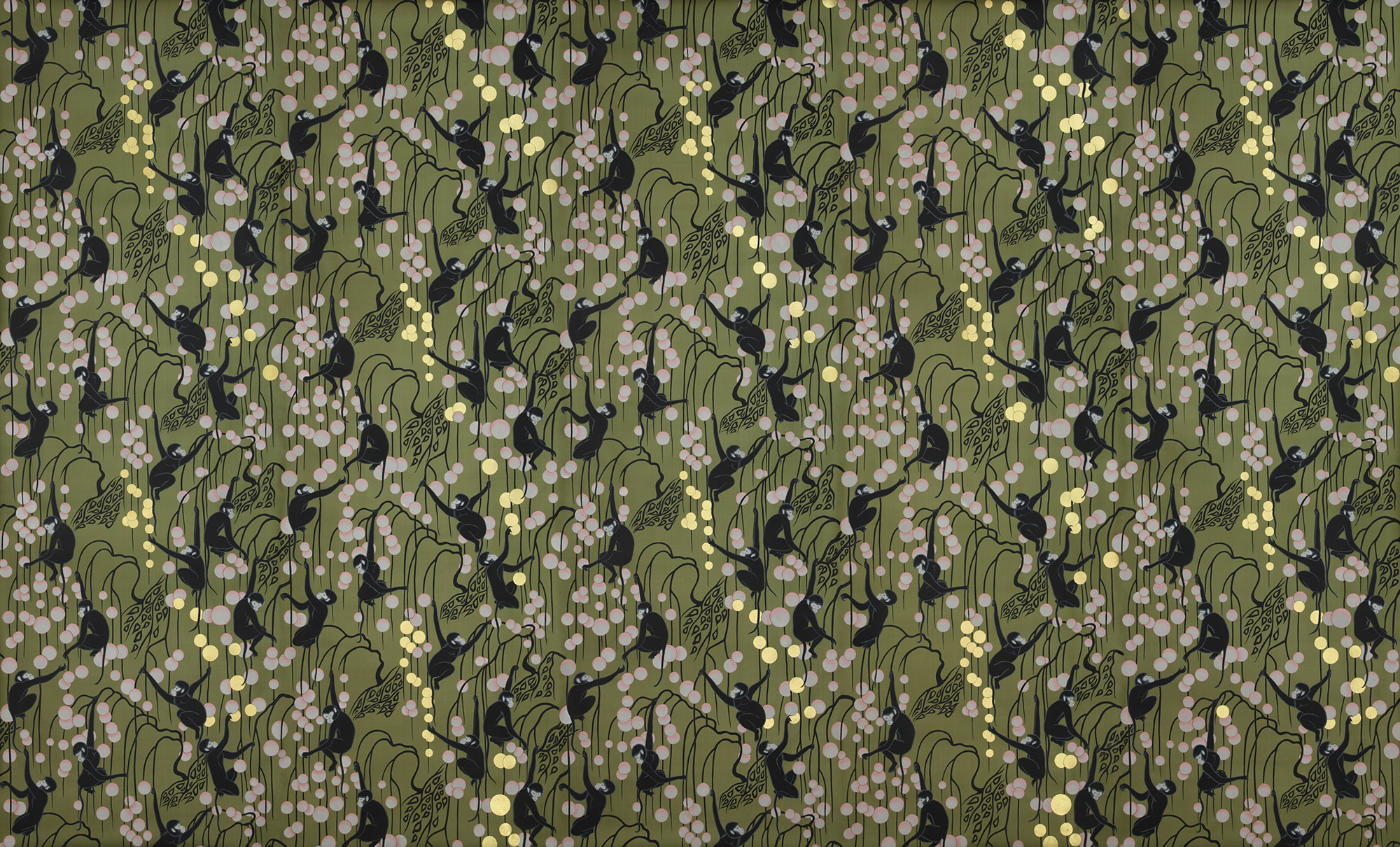 Обои ручная роспись Deco Monkeys Special Colourway on Olive dyed silk Обои ручная роспись Deco Monkeys Special Colourway on Olive dyed silk - постер Loft-Concept в Грозном