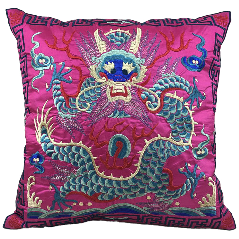 Декоративная подушка с вышивкой Chinese Dragon Pink Розовый Мульти Декоративная подушка с вышивкой Chinese Dragon Pink Розовый Мульти в Грозном | Loft Concept