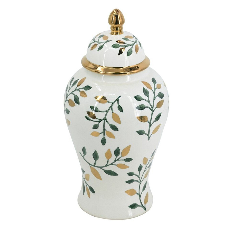 Ваза белая с крышкой с рисунком зеленых и золотых листьев 40 см Chinoiserie Ceramics Белый Зеленый Золотой Ваза белая с крышкой с рисунком зеленых и золотых листьев 40 см Chinoiserie Ceramics Белый Зеленый Золотой в Грозном | Loft Concept
