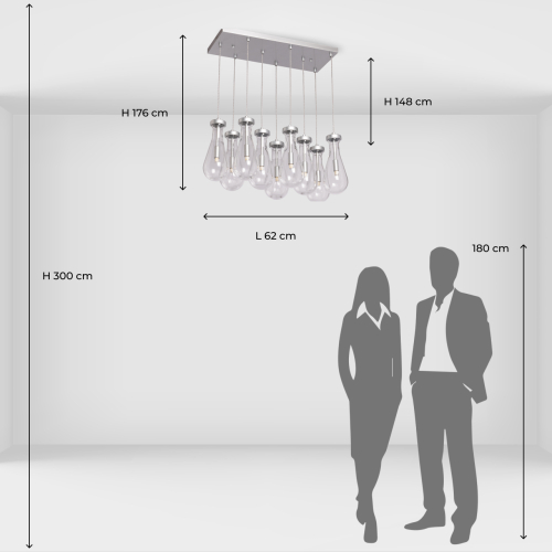 Люстра с 9-ю прозрачными плафонами из стекла в форме капли на прямоугольном потолочном основании цвета хром Lucid Rain  в Грозном