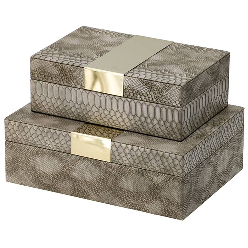 Комплект шкатулок Imitation Snakeskin Boxes Бежево-серый Глянцевое золото Комплект шкатулок Imitation Snakeskin Boxes Бежево-серый Глянцевое золото в Грозном | Loft Concept