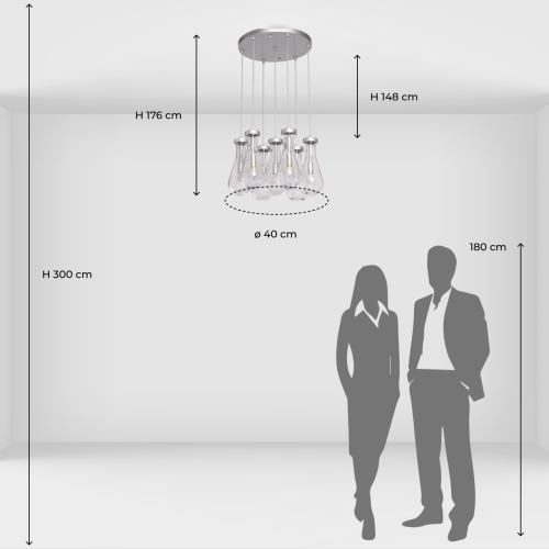 Люстра с 7-ю прозрачными плафонами из стекла в форме капли на круглом потолочном основании цвета хром Lucid Rain  в Грозном
