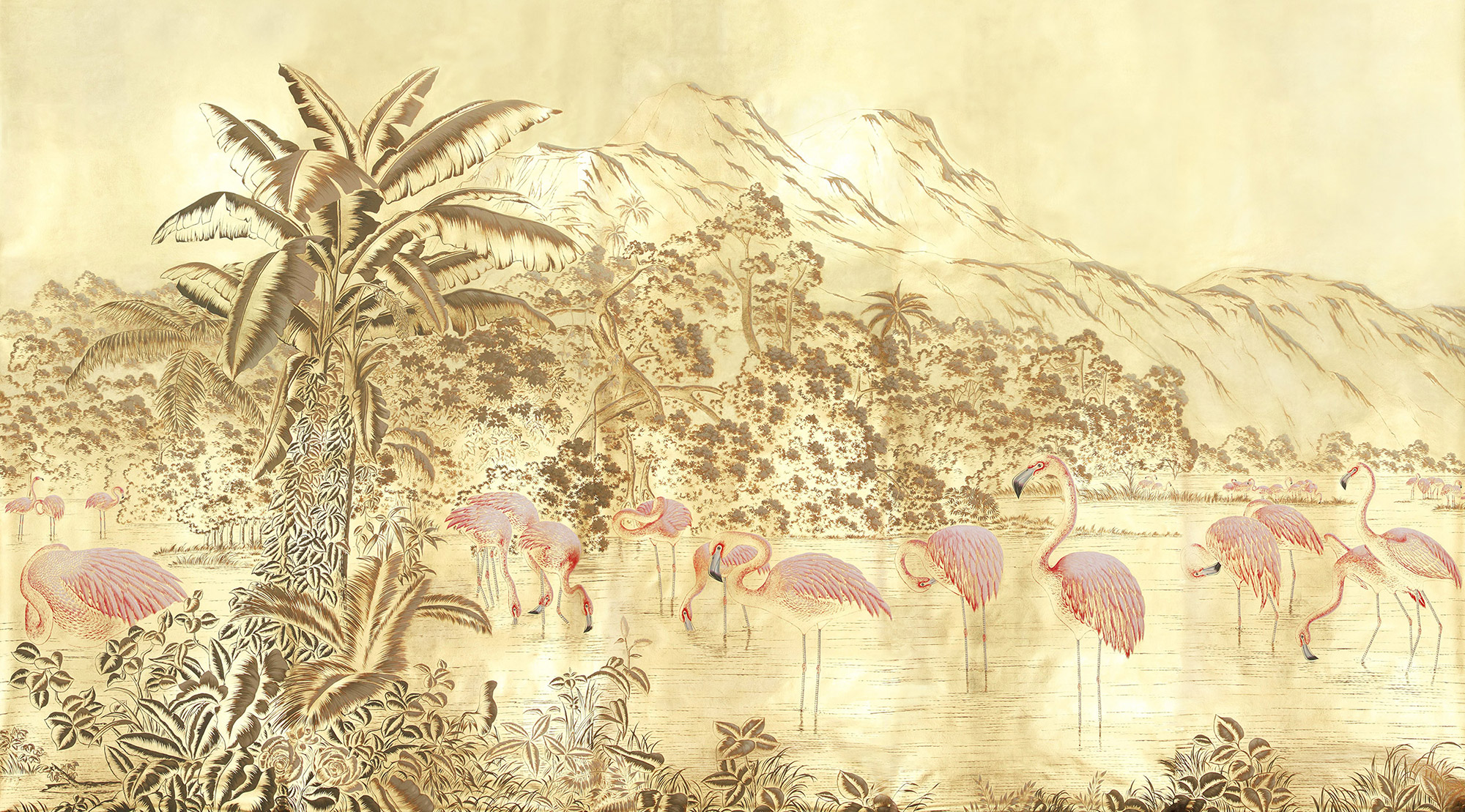 Обои ручная роспись Flamingos Flamingo on Deep Rich Gold gilded paper - постер Loft-Concept в Грозном