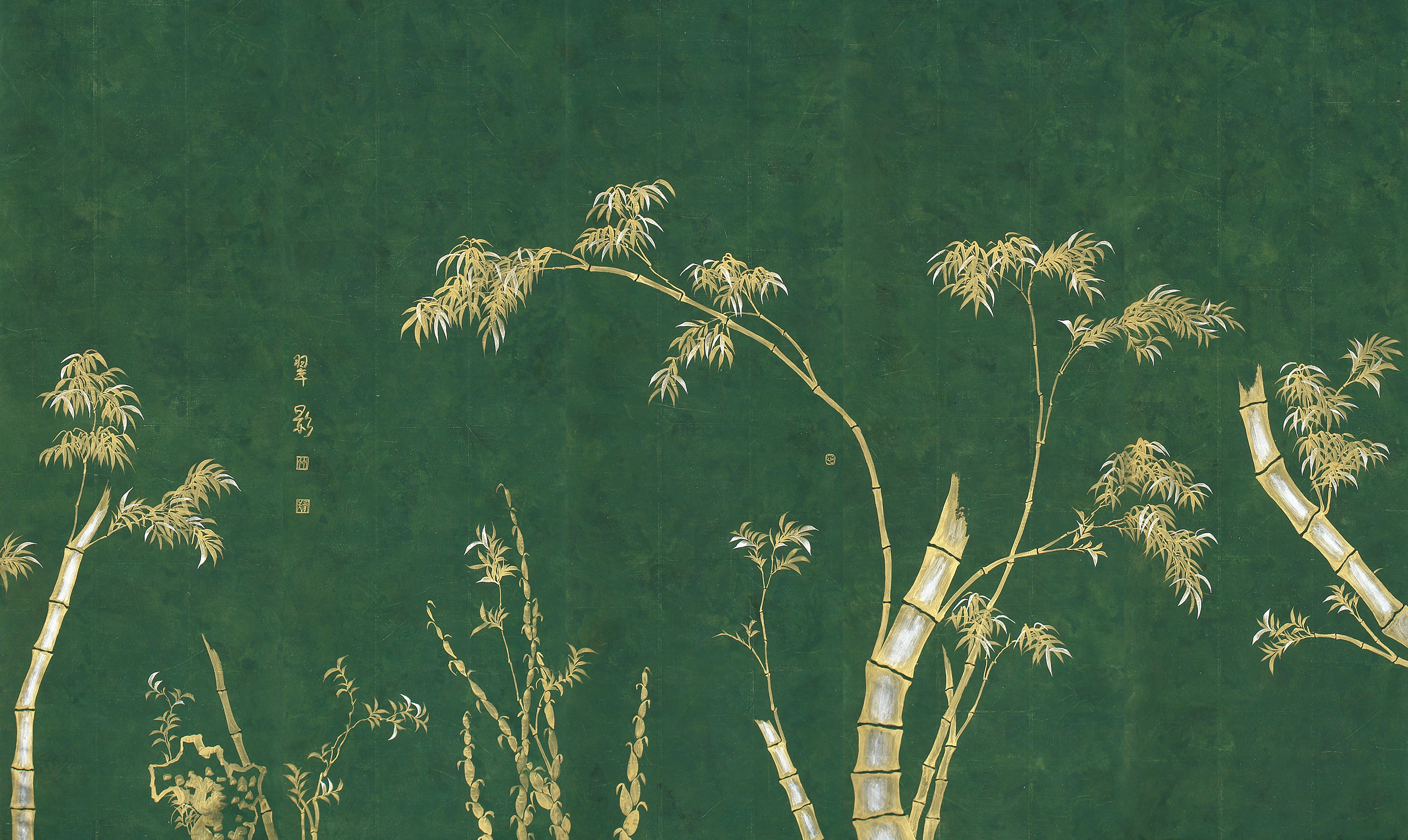 Обои ручная роспись Bamboo Golden on Edo Green India tea paper Обои ручная роспись Bamboo Golden on Edo Green India tea paper - постер Loft-Concept в Грозном