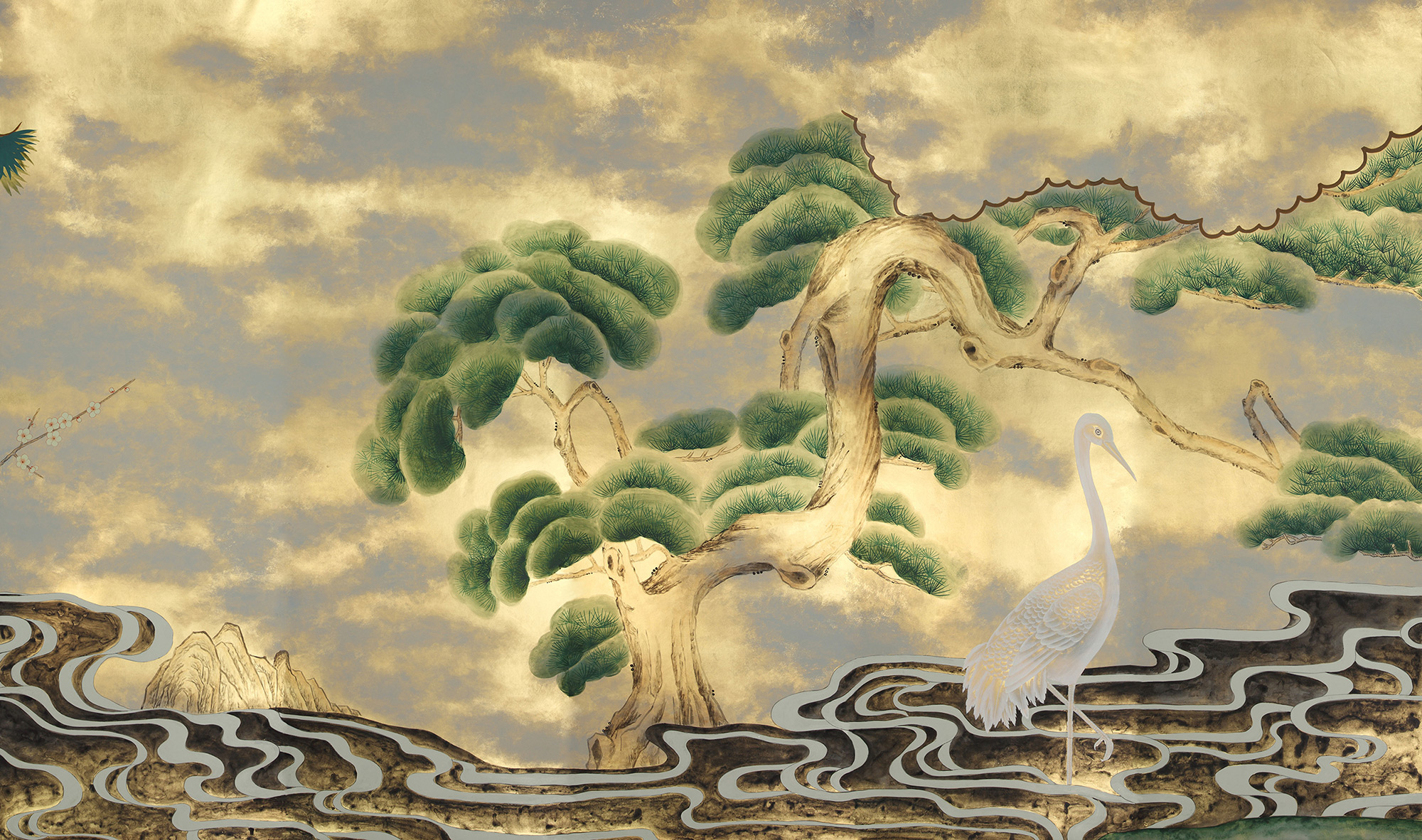 Обои ручная роспись Bamboo River Blossom Original colourway on Deep Rich Gold gilded paper with pearlescent antiquing Обои ручная роспись Bamboo River Blossom Original colourway on Deep Rich Gold gilded paper with pearlescent antiquing - постер Loft-Concept в Грозном