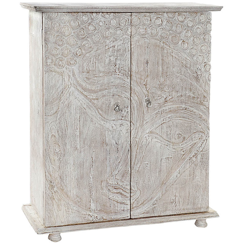 Комод деревянный с декорированным резными дверцами Buddha Chest of Drawers Белый Бежево-серый Комод деревянный с декорированным резными дверцами Buddha Chest of Drawers Белый Бежево-серый в Грозном | Loft Concept