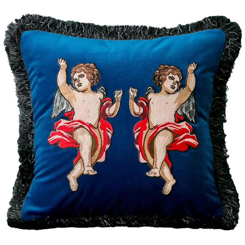 Декоративная подушка с вышивкой Стиль Gucci Angels Cushion Blue Синий Мульти Декоративная подушка с вышивкой Стиль Gucci Angels Cushion Blue Синий Мульти в Грозном | Loft Concept