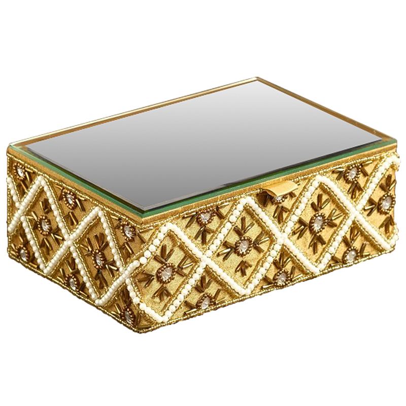 Шкатулка с вышивкой из бисера Flavia Beads Embroidery Mirror Box Золотой Зеркало Бежевый Коричневый Шкатулка с вышивкой из бисера Flavia Beads Embroidery Mirror Box Золотой Зеркало Бежевый Коричневый в Грозном | Loft Concept