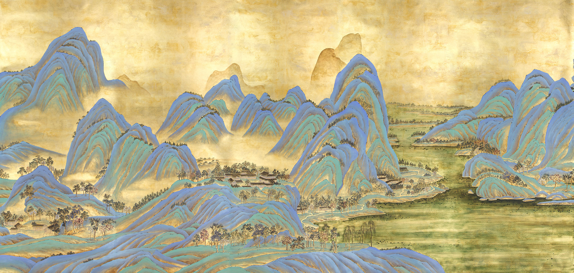 Обои ручная роспись A Thousand Li of Rivers and Mountains Original colourway on Deep Rich Gold gilded paper with gold pearlescent antiquing Обои ручная роспись A Thousand Li of Rivers and Mountains Original colourway on Deep Rich Gold gilded paper with gold pearlescent antiquing - постер Loft-Concept в Грозном