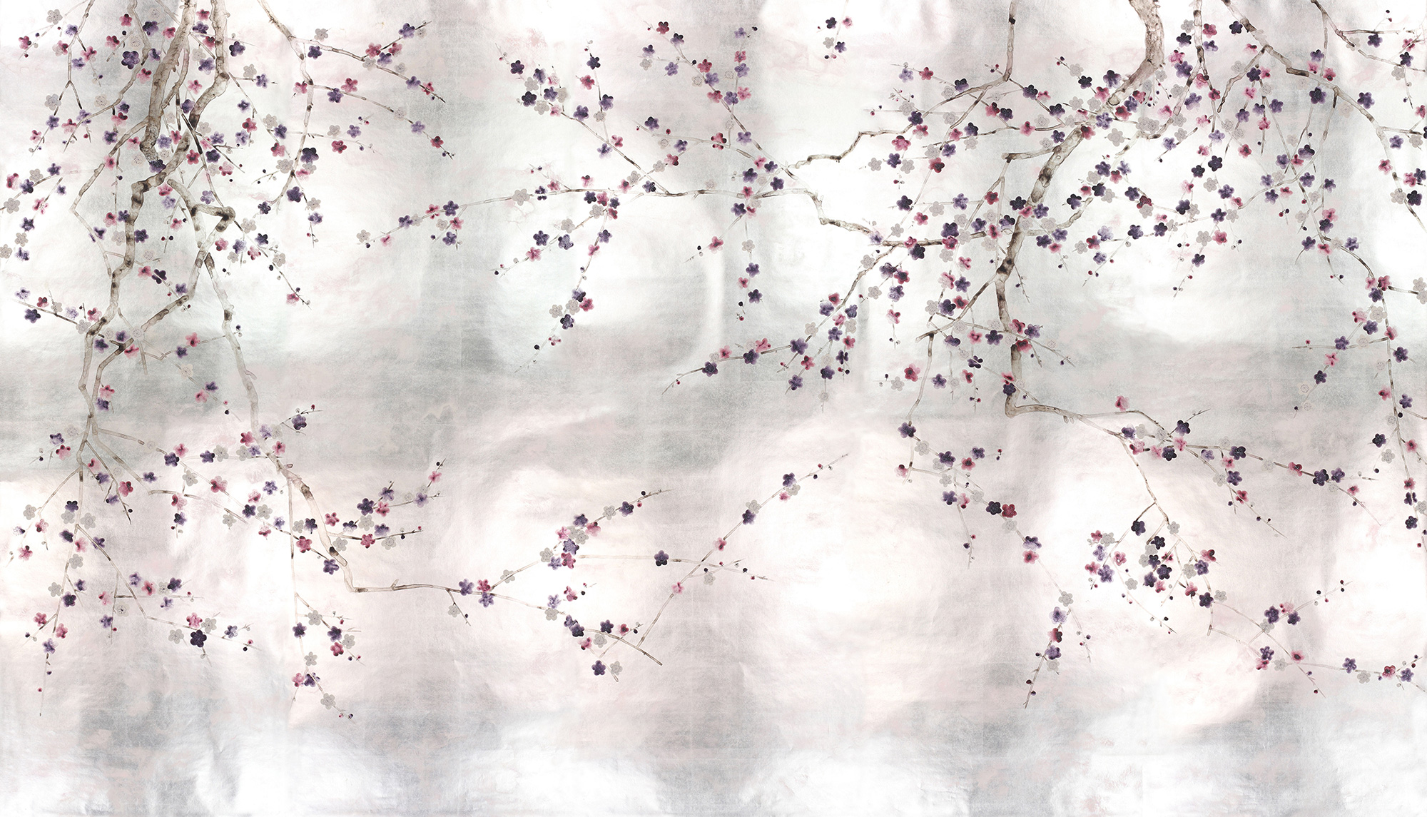 Обои ручная роспись Plum Blossom Colourway SC-228 on Tarnished Silver gilded paper with pearlescent antiquing Обои ручная роспись Plum Blossom Colourway SC-228 on Tarnished Silver gilded paper with pearlescent antiquing - постер Loft-Concept в Грозном