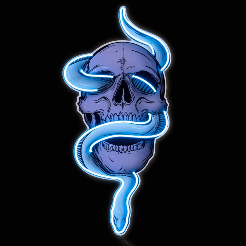 Неоновая настенная лампа Skull and Snake Neon Wall Lamp Голубой Фиолетовый Неоновая настенная лампа Skull and Snake Neon Wall Lamp Голубой Фиолетовый в Грозном | Loft Concept