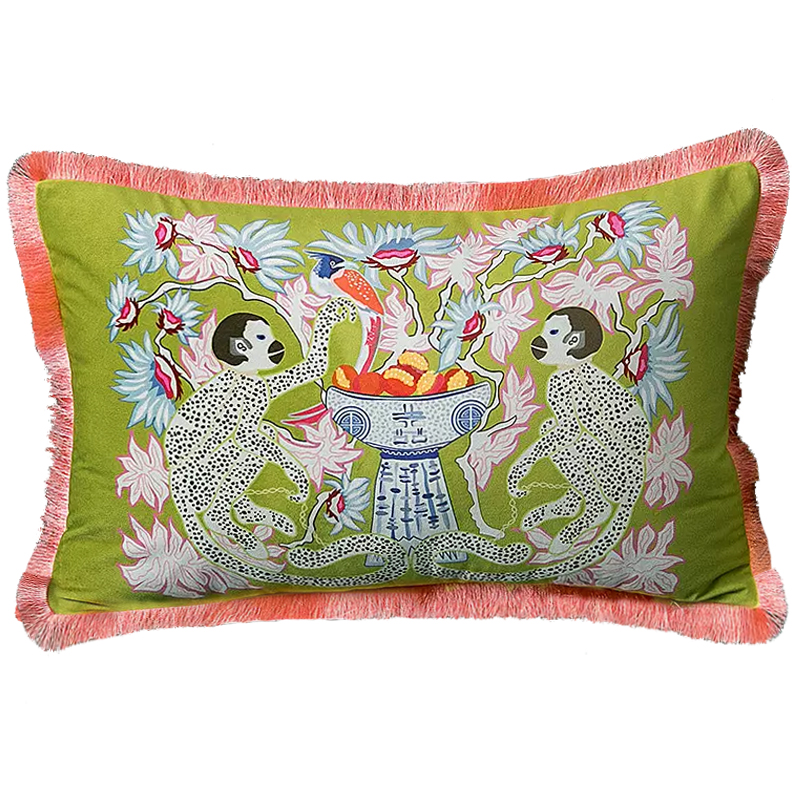 Декоративная подушка Two Monkeys on Green Long Cushion Салатовый Мульти Декоративная подушка Two Monkeys on Green Long Cushion Салатовый Мульти в Грозном | Loft Concept