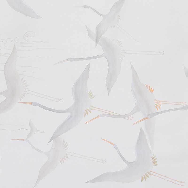 Обои ручная роспись Cranes Scroll Original colourway on Natural Mica metallic silk Обои ручная роспись Cranes Scroll Original colourway on Natural Mica metallic silk в Грозном | Loft Concept