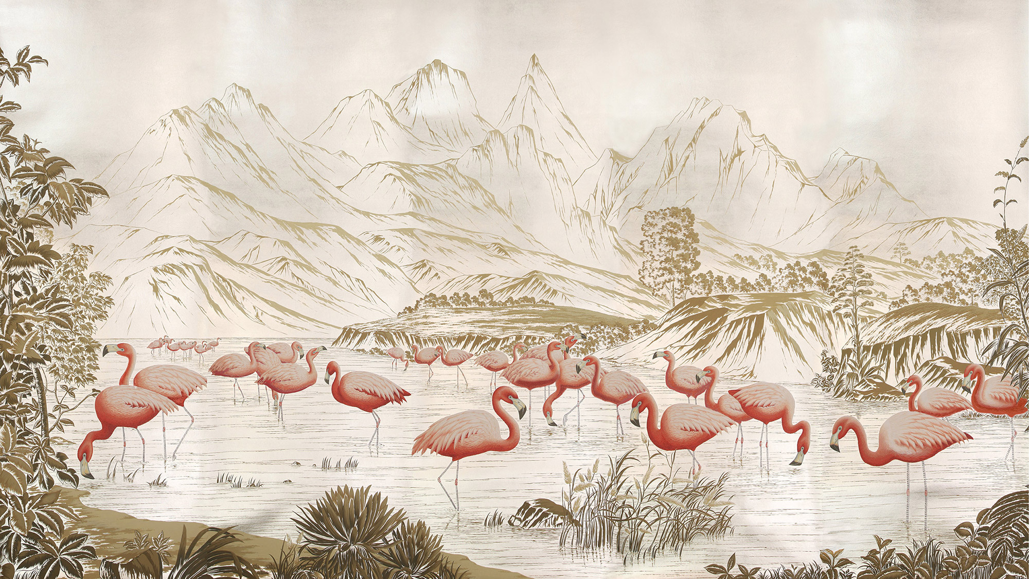 Обои ручная роспись Flamingos Flamingo on Tarnished Silver gilded Xuan paper Обои ручная роспись Flamingos Flamingo on Tarnished Silver gilded Xuan paper - постер Loft-Concept в Грозном