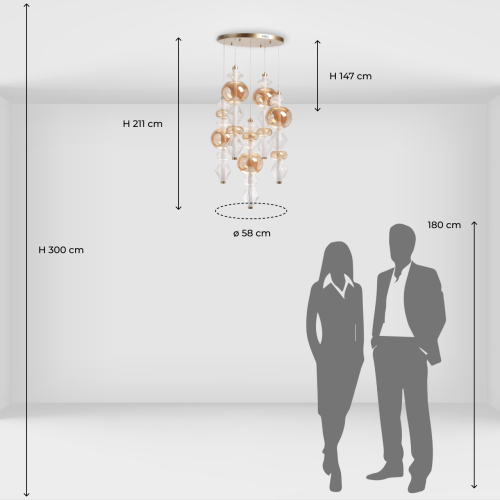Люстра с плафонами из прозрачного и янтарного стекла в виде шаров и ромбов Gabriel Scott Luna в Грозном