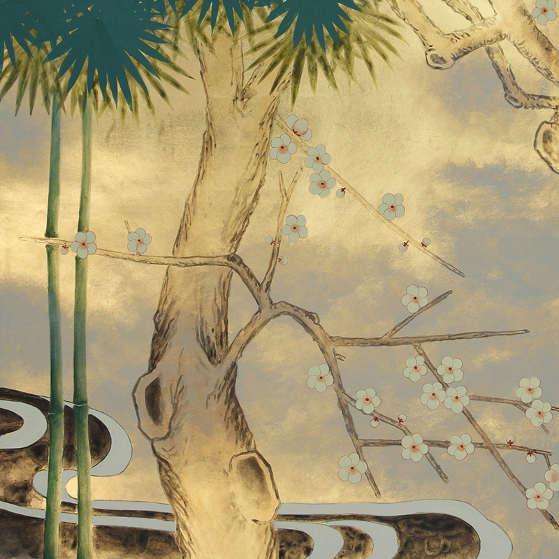 Обои ручная роспись Bamboo River Blossom Original colourway on Deep Rich Gold gilded paper with pearlescent antiquing Обои ручная роспись Bamboo River Blossom Original colourway on Deep Rich Gold gilded paper with pearlescent antiquing в Грозном | Loft Concept