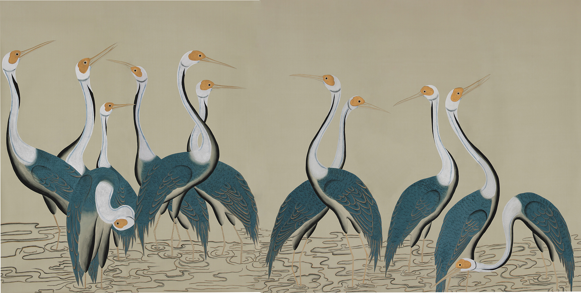 Обои ручная роспись Sarus Cranes Colourway SC-208 on Icefield dyed silk - постер Loft-Concept в Грозном