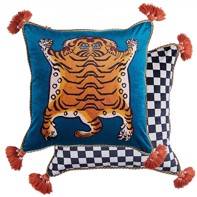 Синяя Подушка Тибетский Тигр TIBETAN TIGER Бежевый Синий Синяя Подушка Тибетский Тигр TIBETAN TIGER Бежевый Синий в Грозном | Loft Concept