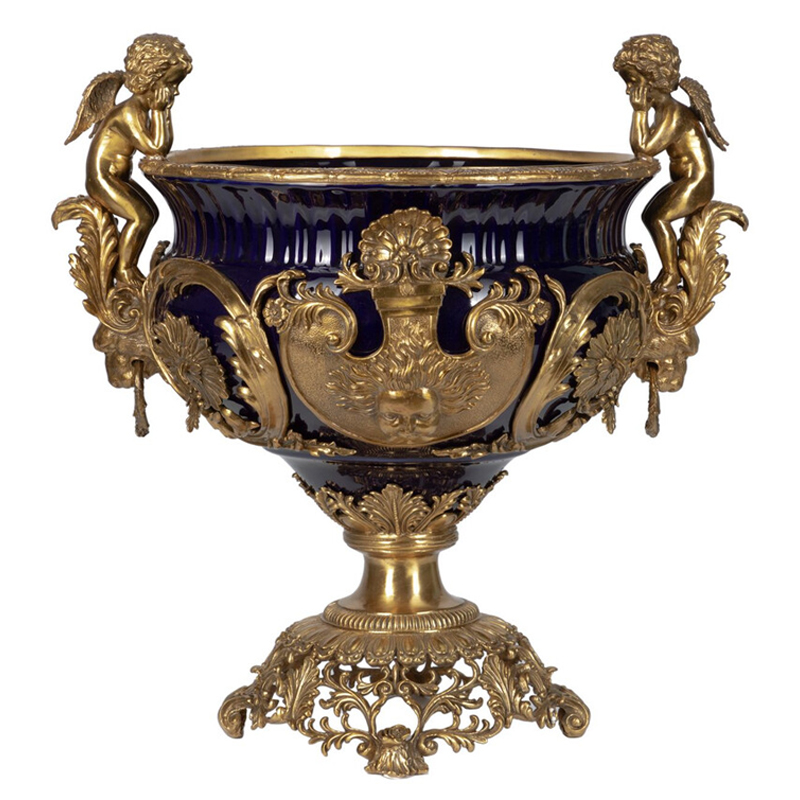Чаша темно-синего цвета с фигурками ангелов и рельефным декором Eden Garden porcelain and bronze Темно-синий Бронза Чаша темно-синего цвета с фигурками ангелов и рельефным декором Eden Garden porcelain and bronze Темно-синий Бронза в Грозном | Loft Concept