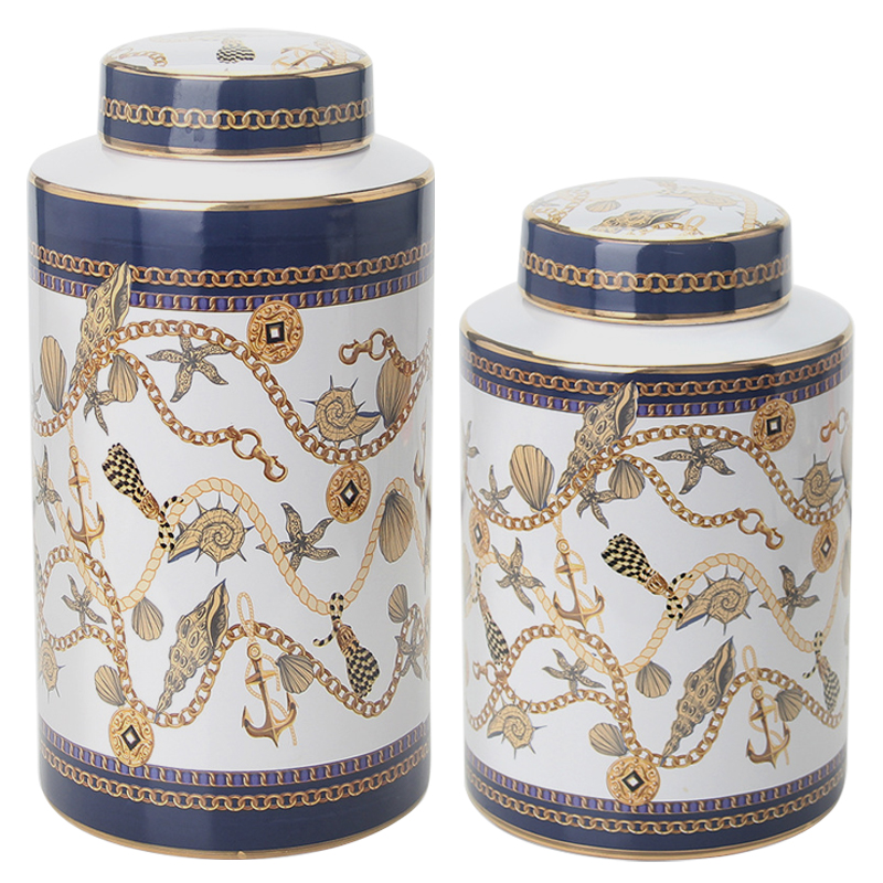 Ваза с крышкой Marine Motif Vase Белый Синий Золотой Бежевый Ваза с крышкой Marine Motif Vase Белый Синий Золотой Бежевый в Грозном | Loft Concept