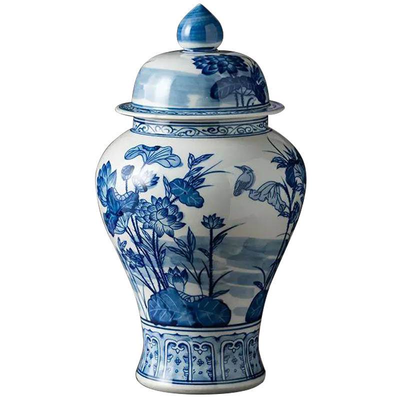 Ваза с крышкой Ceramic Blue Flowers and Bird Vase Белый Синий Ваза с крышкой Ceramic Blue Flowers and Bird Vase Белый Синий в Грозном | Loft Concept