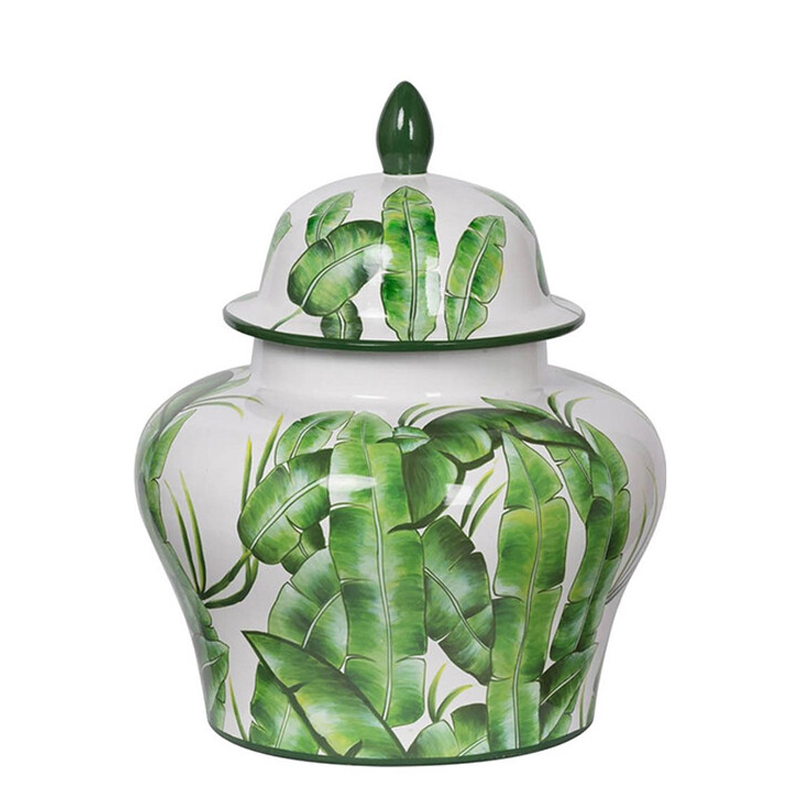 Ваза с зелёными листьями и крышкой Vase Green Leaves Белый Зеленый в Грозном | Loft Concept 