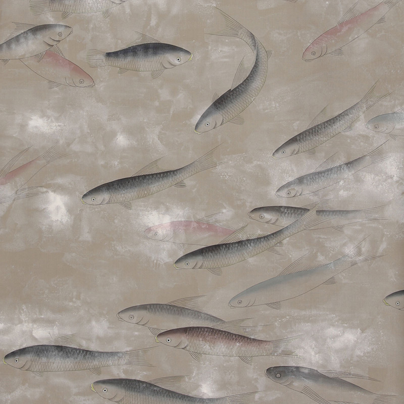 Обои ручная роспись Fishes Blue Pearl on Lead Grey dyed silk with antiquing  в Грозном | Loft Concept 