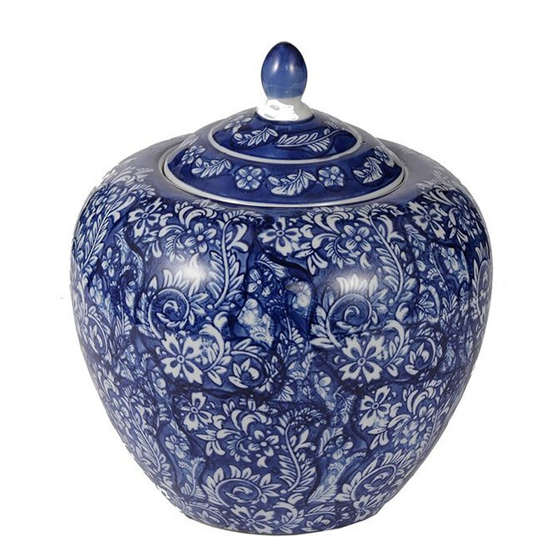 Ваза округлой формы с синей росписью и цветочным узором Blue & White Ornament Белый Синий Ваза округлой формы с синей росписью и цветочным узором Blue & White Ornament Белый Синий в Грозном | Loft Concept