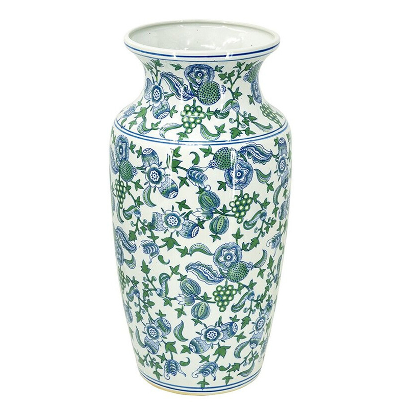 Ваза с зелено-голубым цветочным узором на белом фоне 61 см Blue & White Ornament Белый Синий Зеленый в Грозном | Loft Concept 